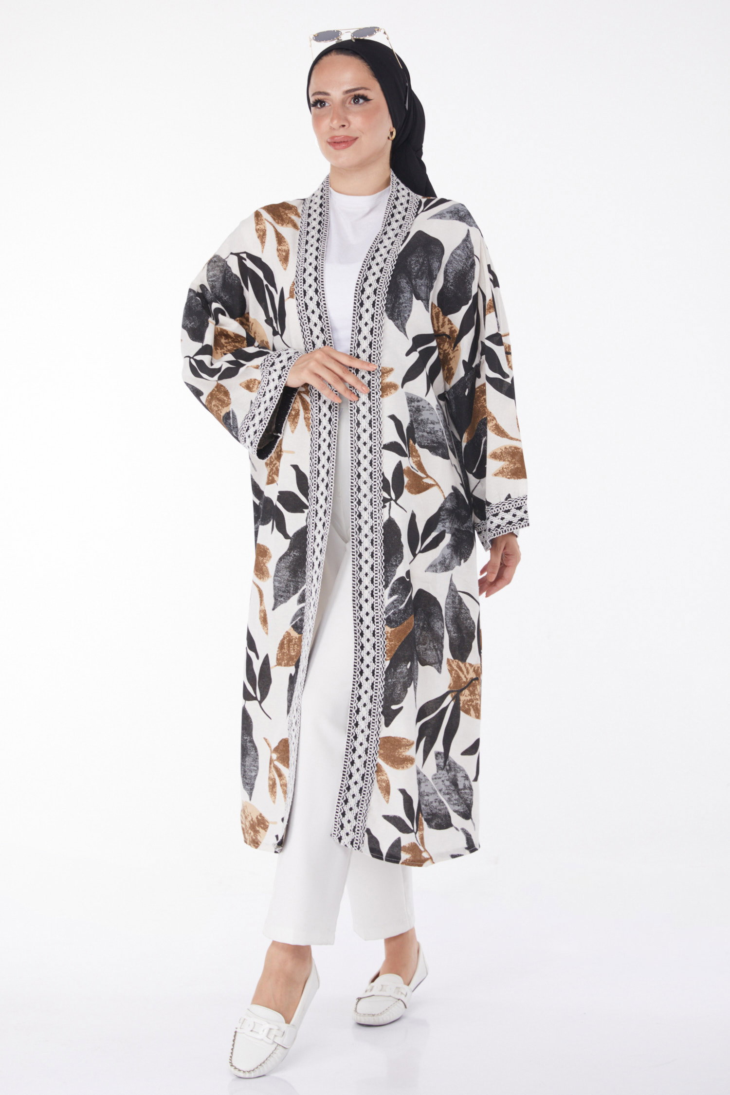 Düz Orta Kadın Siyah Desenli Kimono - 13233 - 1