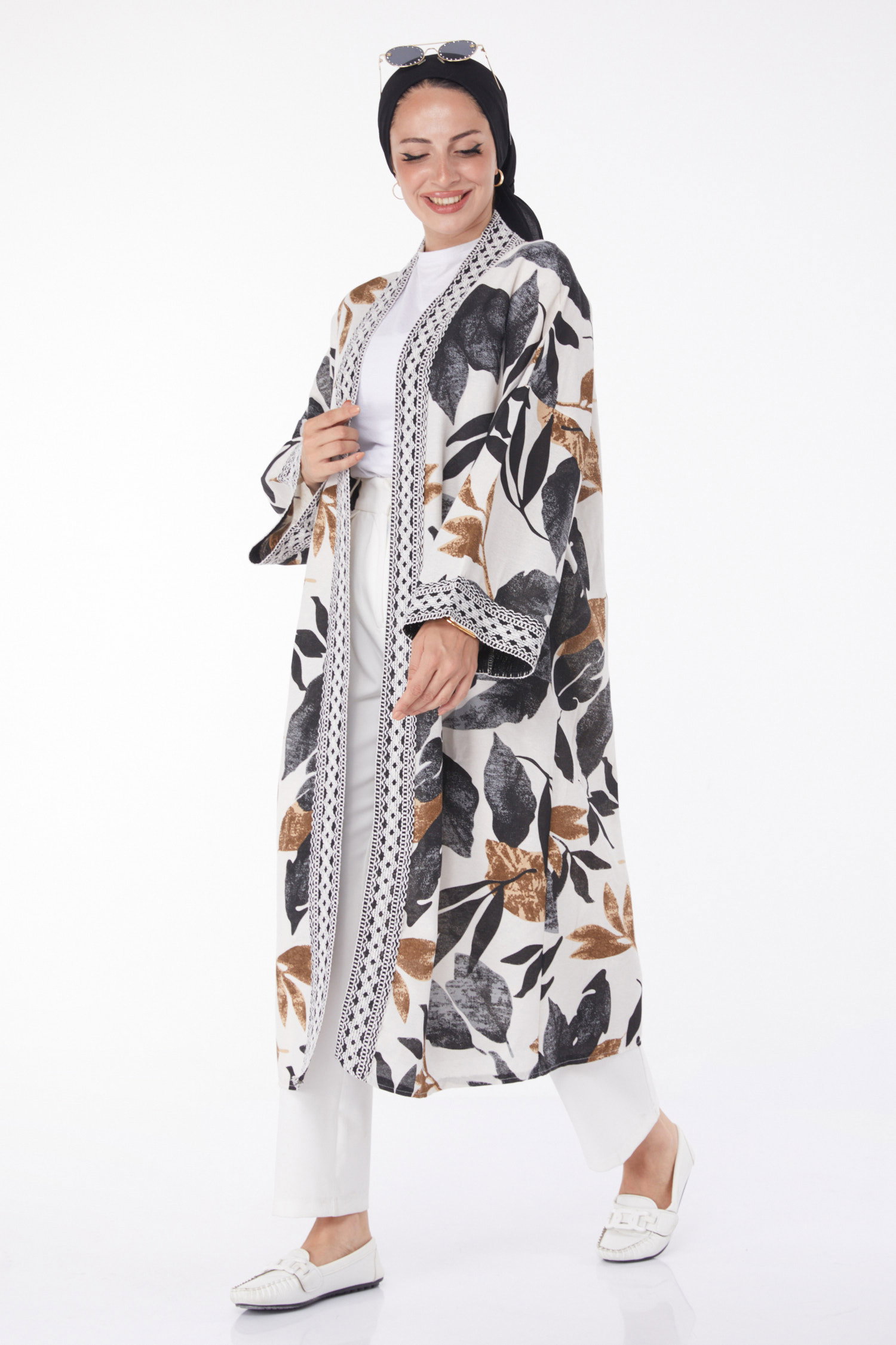 Düz Orta Kadın Siyah Desenli Kimono - 13233 - 2