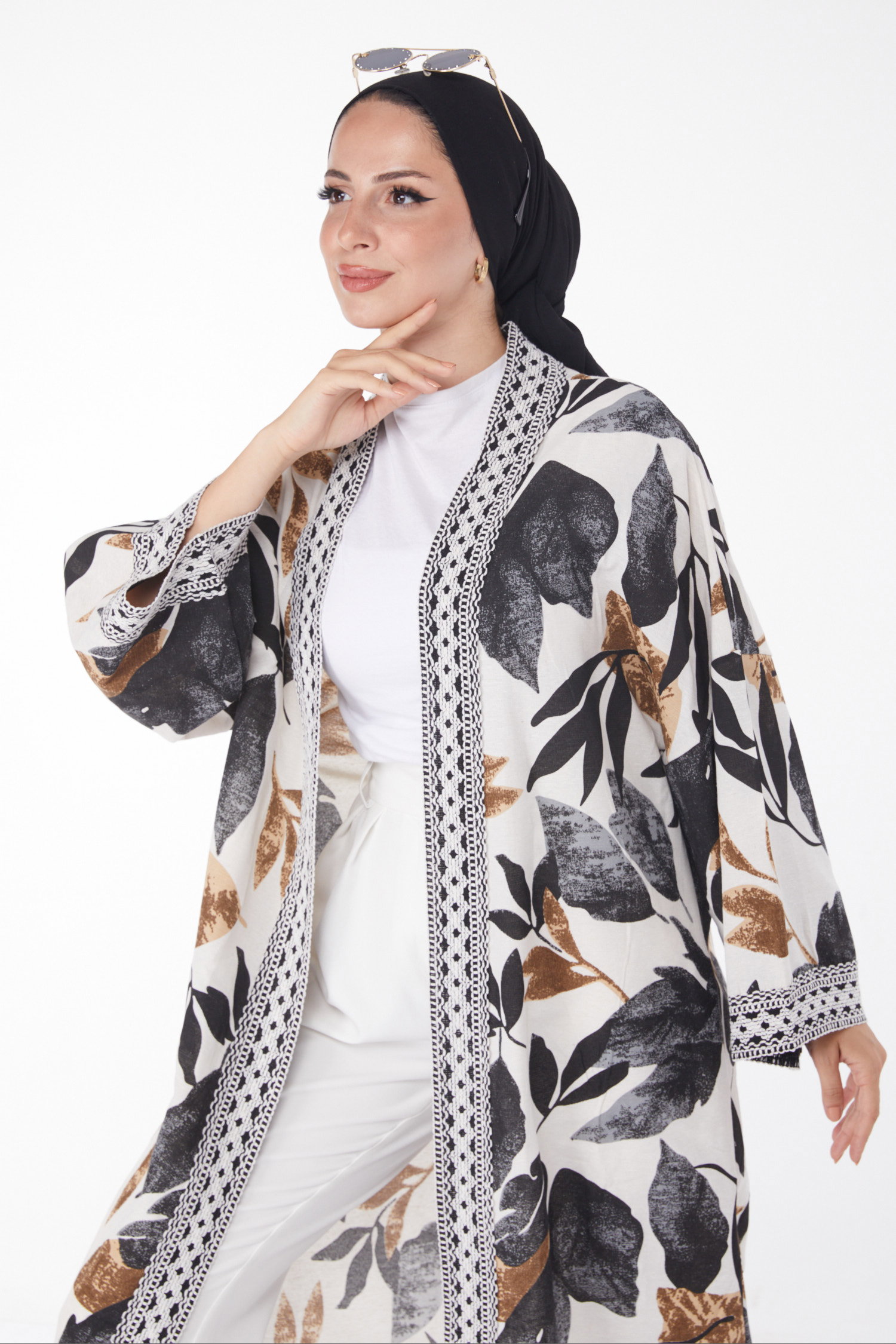 Düz Orta Kadın Siyah Desenli Kimono - 13233 - 3