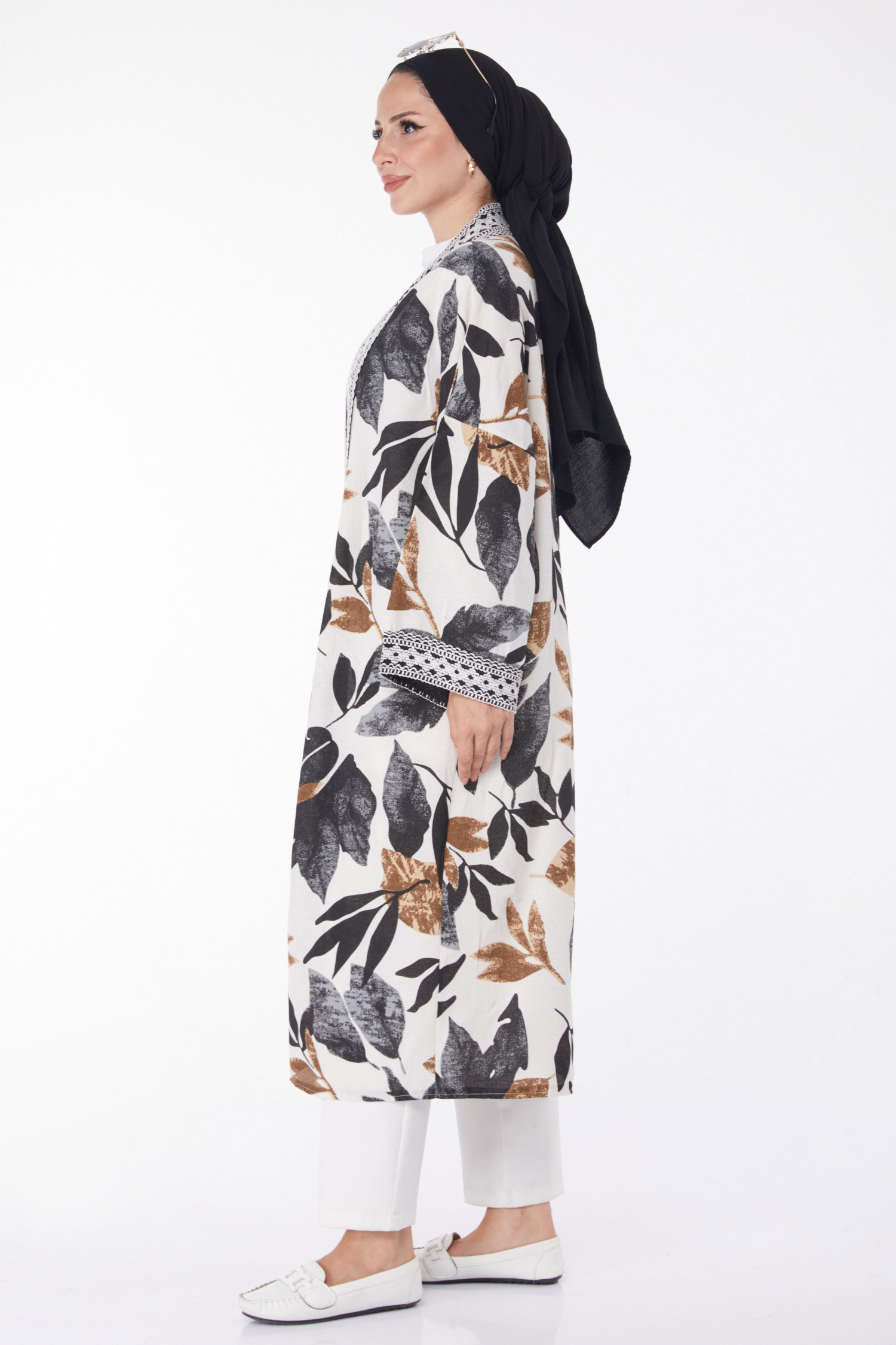 Düz Orta Kadın Siyah Desenli Kimono - 13233 - 4