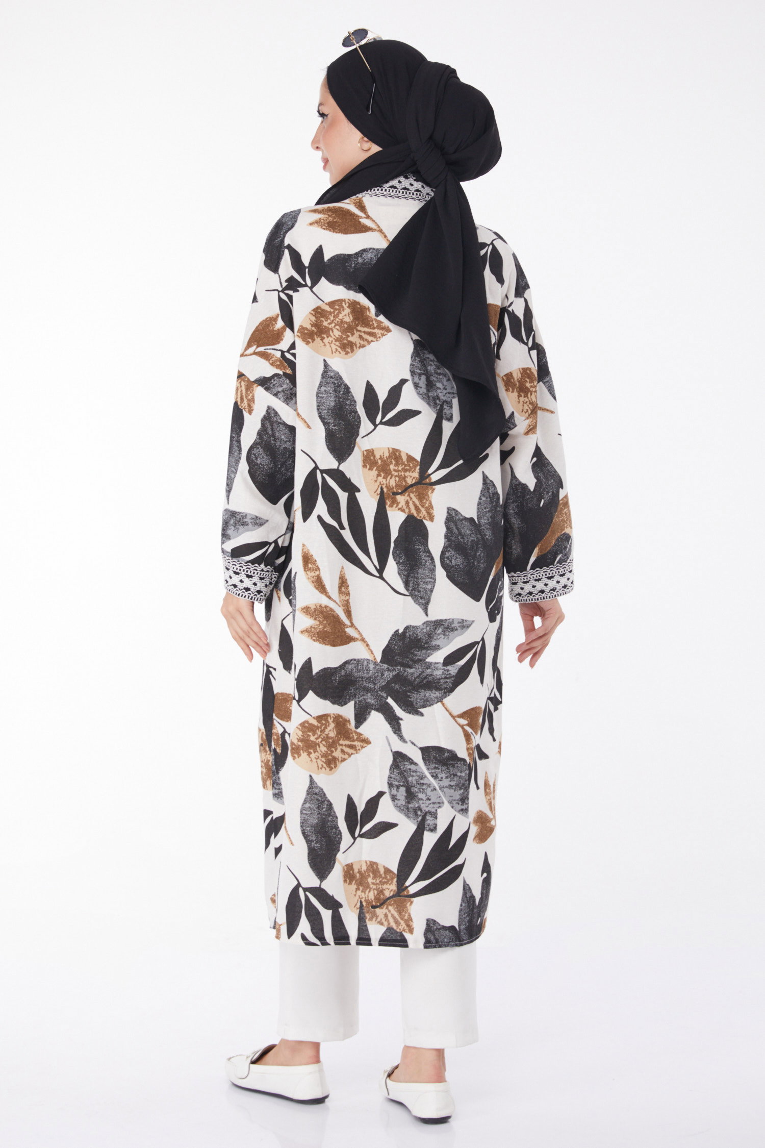 Düz Orta Kadın Siyah Desenli Kimono - 13233 - 5
