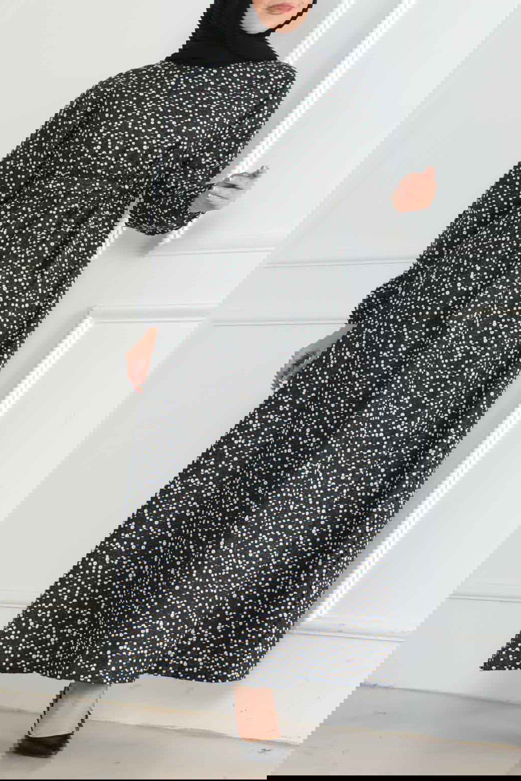 Desenli Kolu Büzgülü Elbise Siyah - 26622 - 1