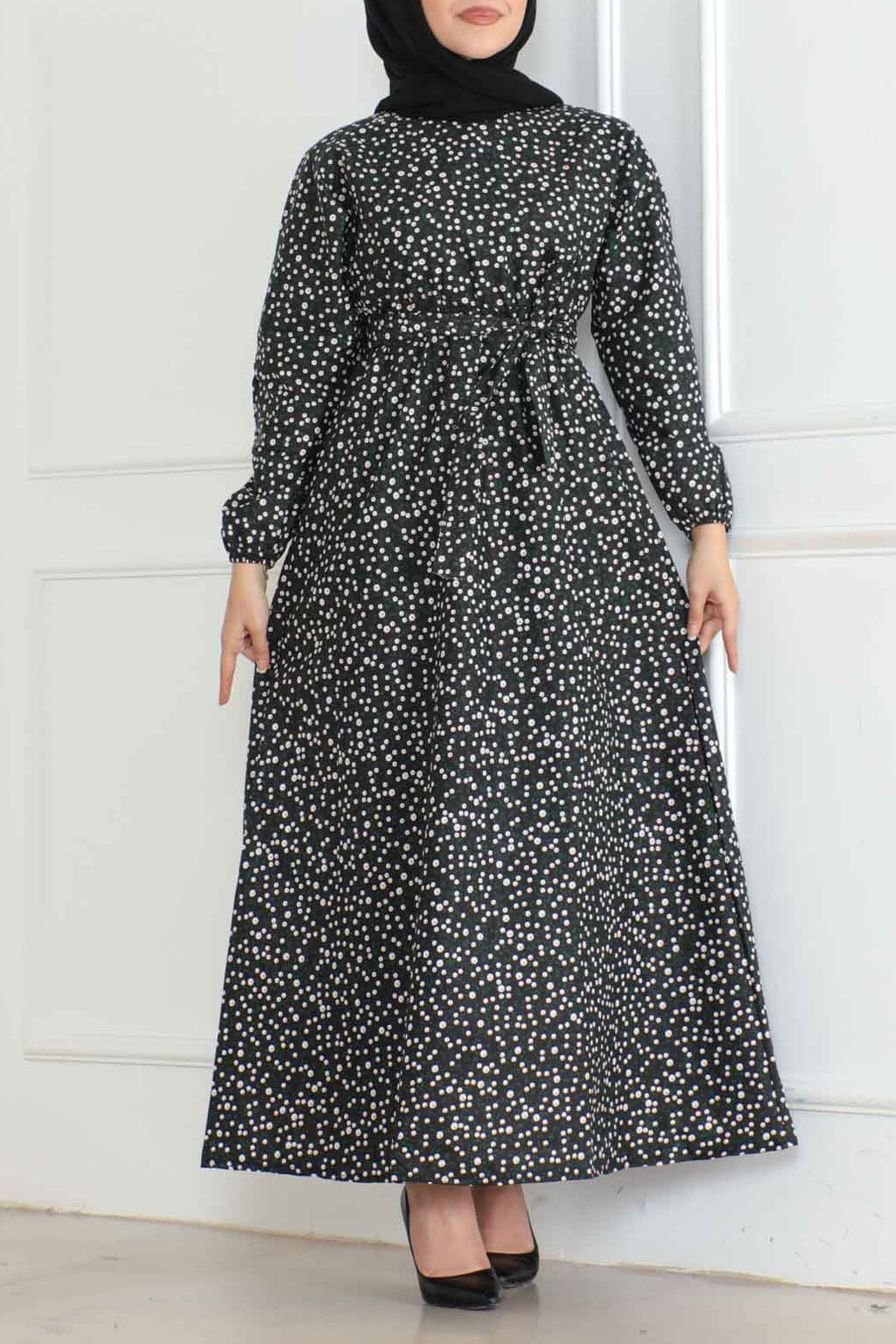 Desenli Kolu Büzgülü Elbise Siyah - 26622 - 2