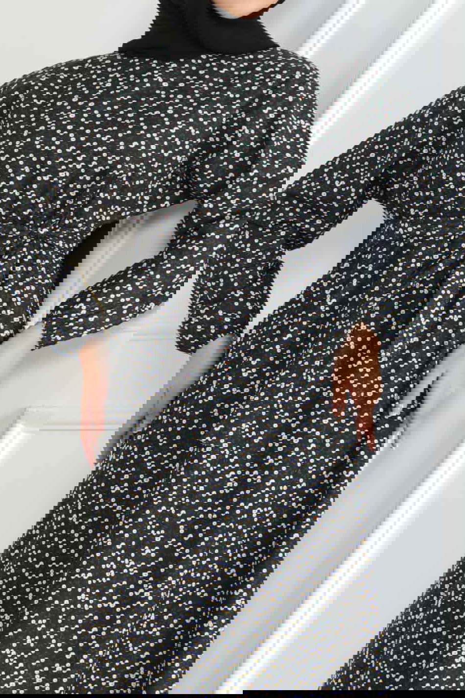 Desenli Kolu Büzgülü Elbise Siyah - 26622 - 3