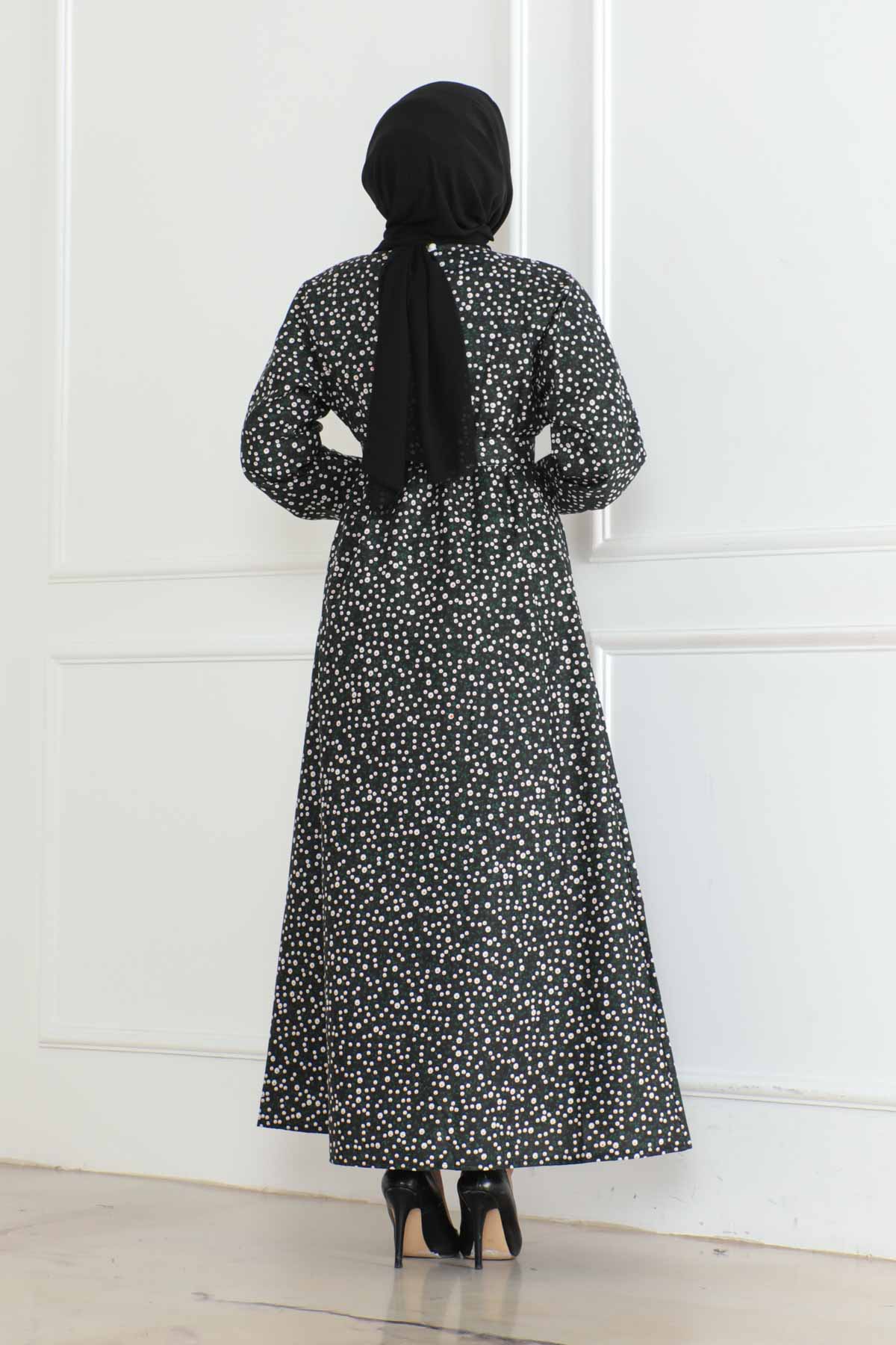 Desenli Kolu Büzgülü Elbise Siyah - 26622 - 4