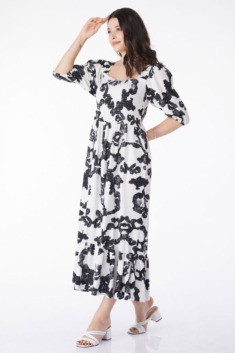 Desenli Midi Elbise Siyah - 25241 - TOFİSA