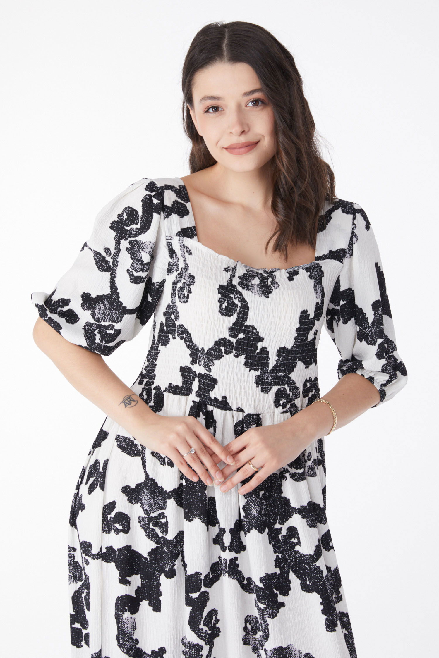 Desenli Midi Elbise Siyah - 25241 - 2