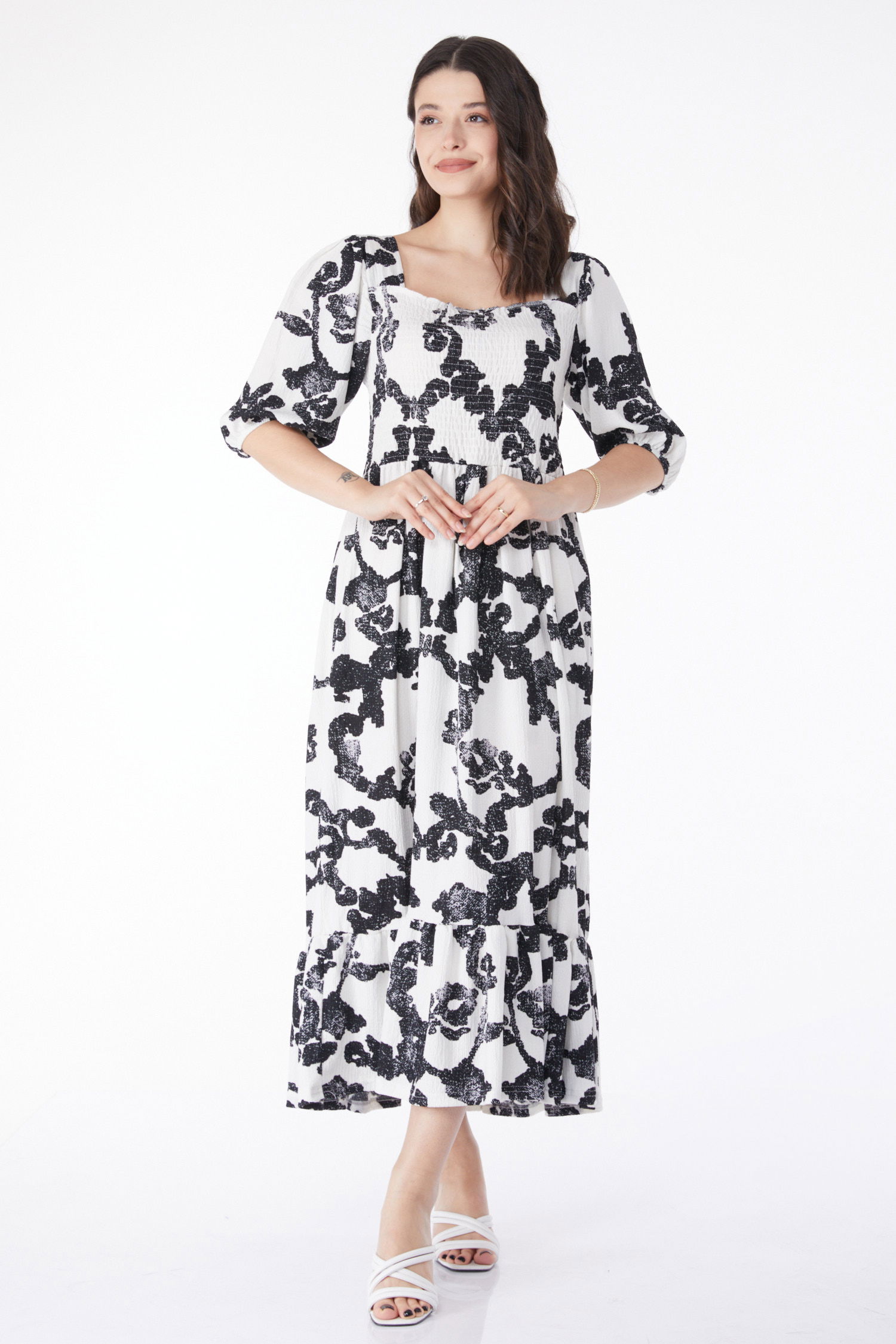 Desenli Midi Elbise Siyah - 25241 - 3