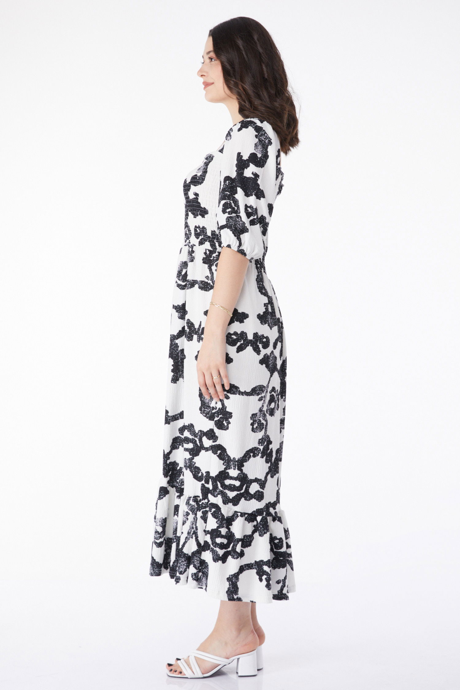 Desenli Midi Elbise Siyah - 25241 - 4