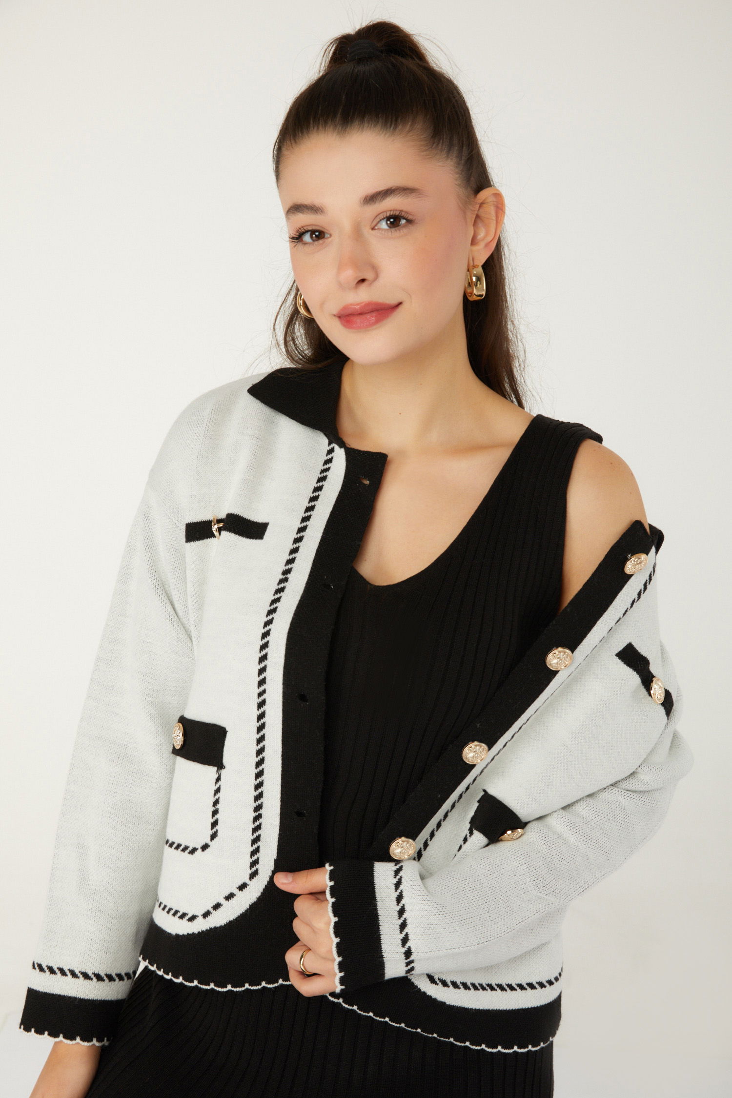 Düz Orta Kadın Siyah Elbise Bolero Triko Takım - 26470 - 6