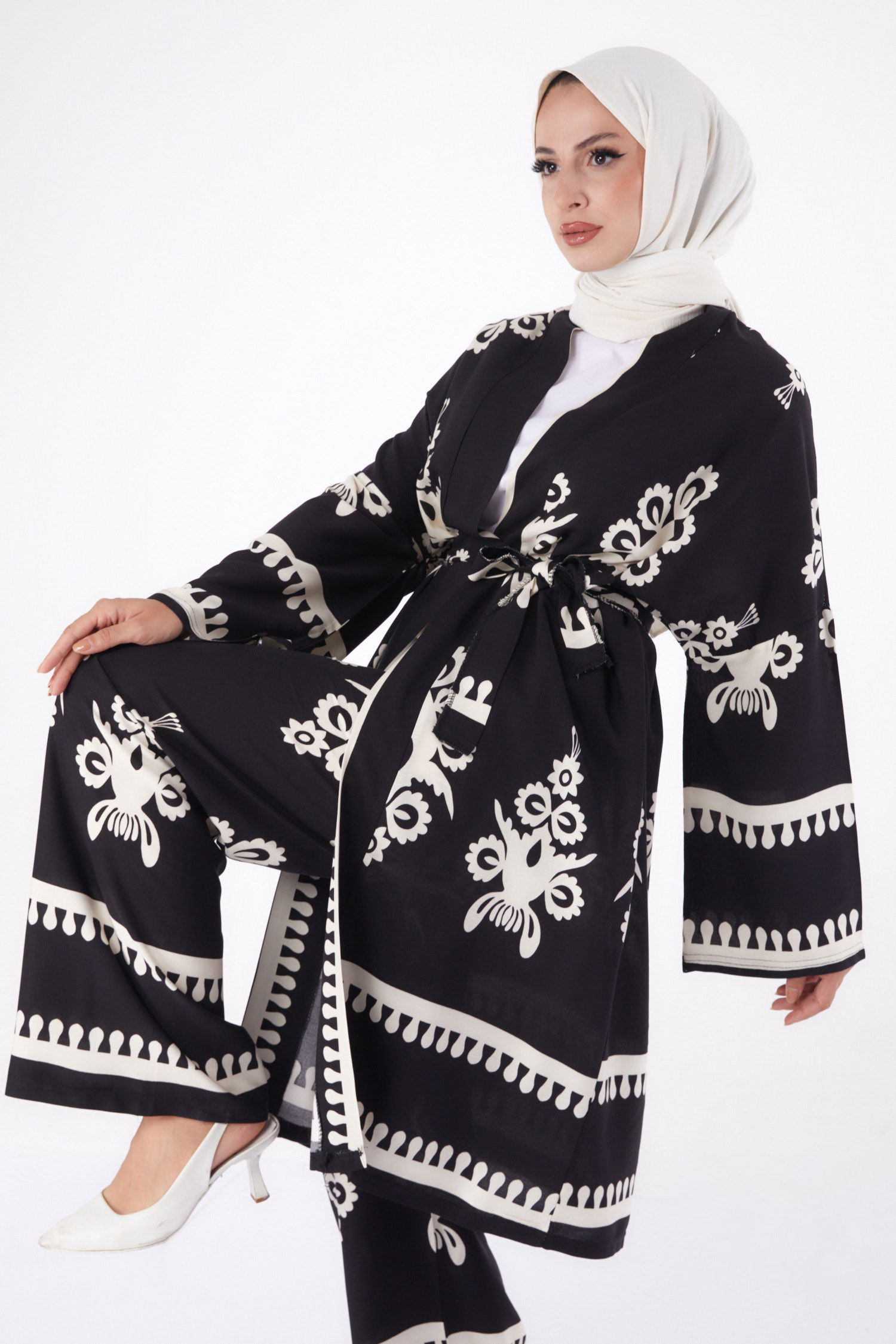 Düz Orta Kadın Siyah Hırka Pantolon İkili Takım - 13273 - 2