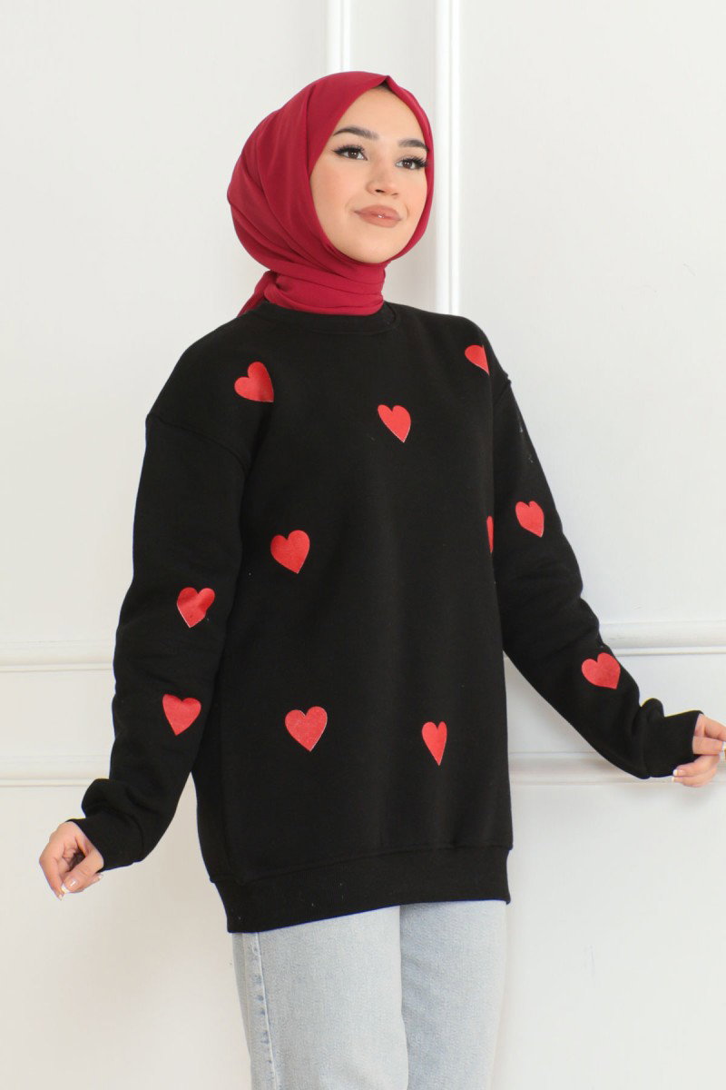 Düz Orta Kadın Siyah Kalpli Sweat - 26659 - 1