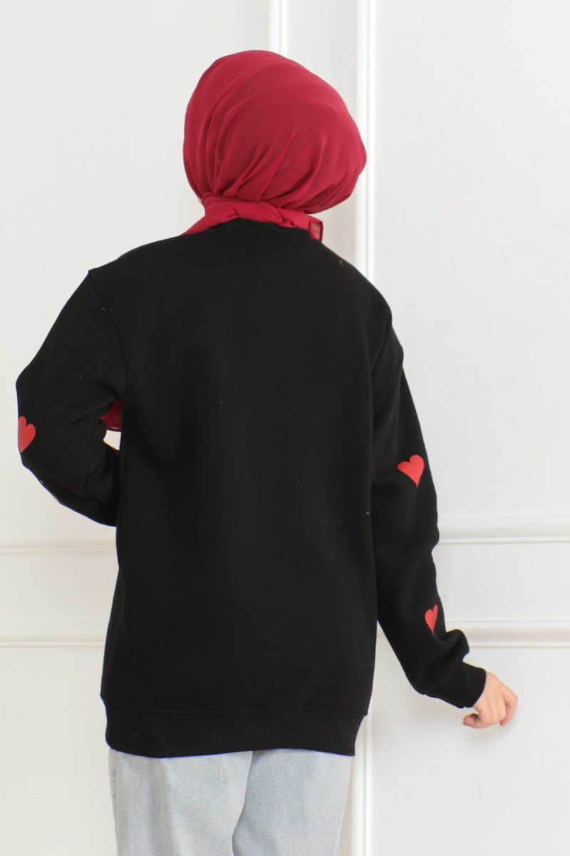 Düz Orta Kadın Siyah Kalpli Sweat - 26659 - 4