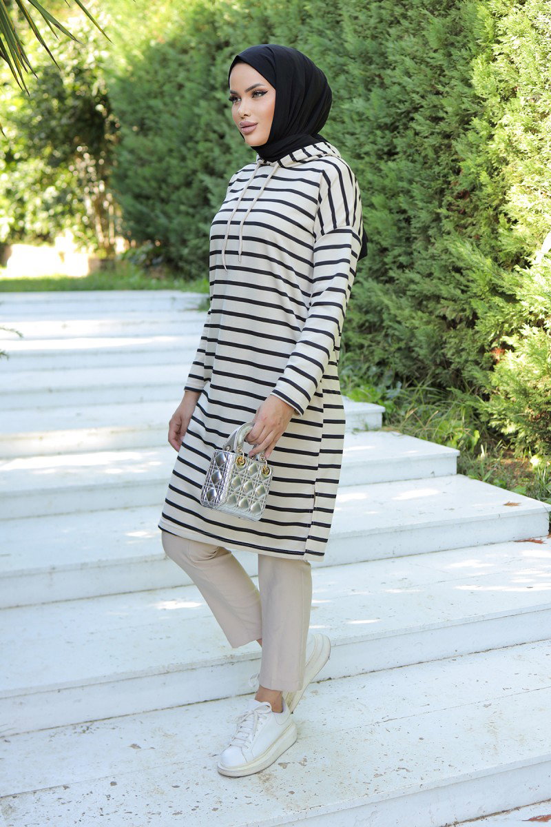 Kapşonlu Çizgili Tunik Siyah - 26587 - 5