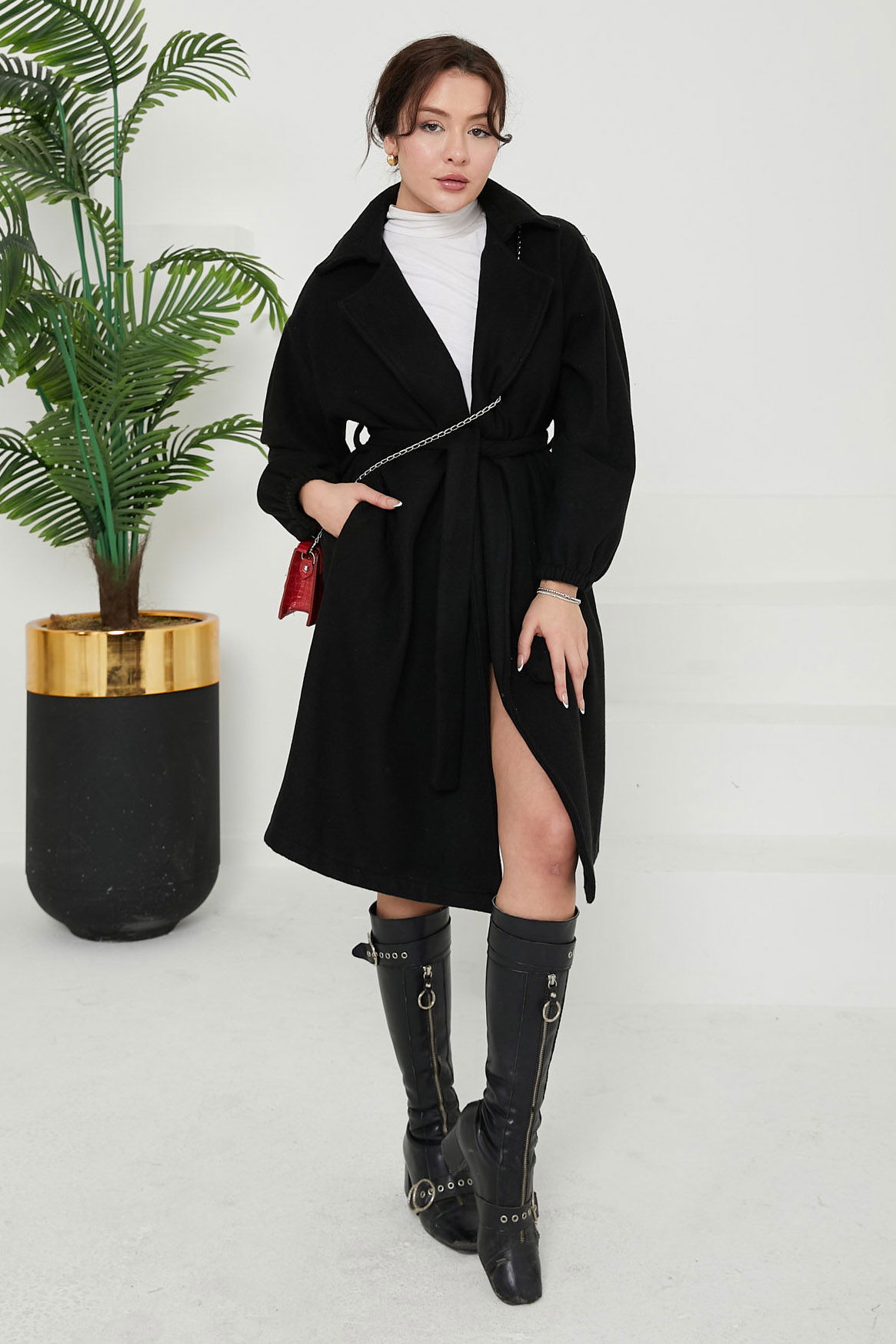 Düz Orta Kadın Siyah Kaşe Kaban - 26630 - 3