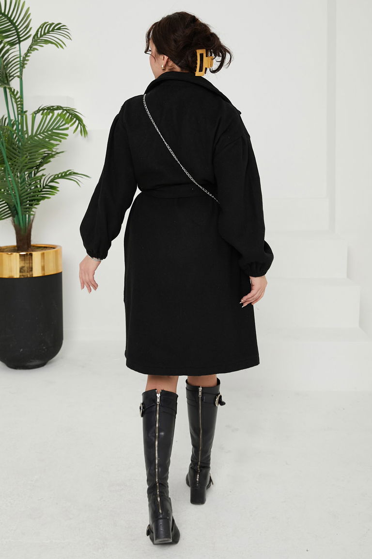 Düz Orta Kadın Siyah Kaşe Kaban - 26630 - TOFİSA