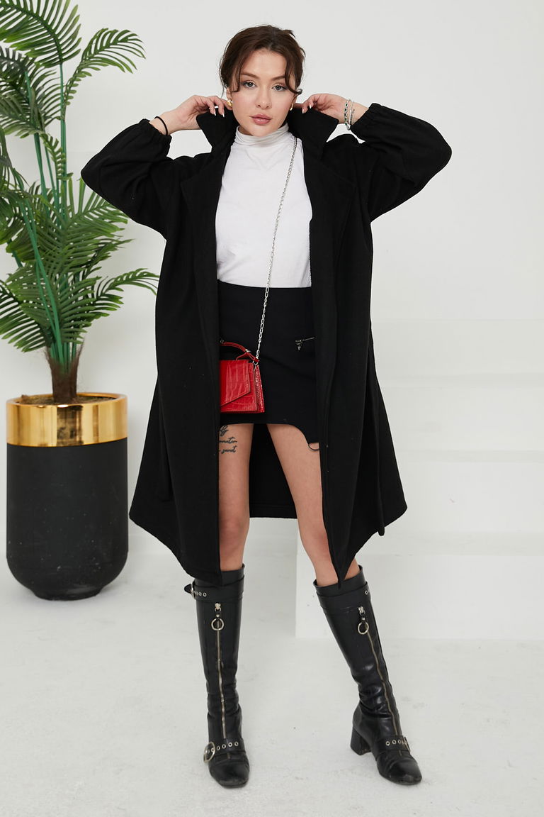 Düz Orta Kadın Siyah Kaşe Kaban - 26630 - TOFİSA