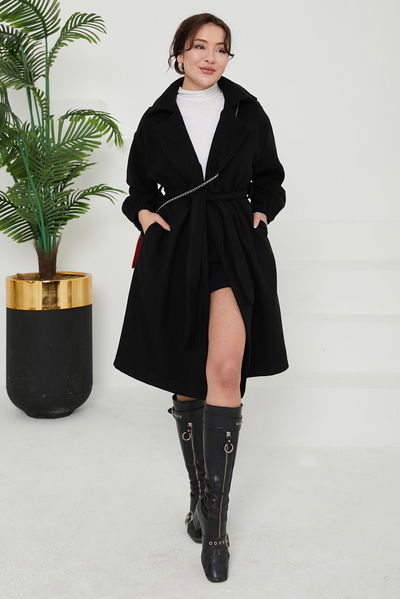 Düz Orta Kadın Siyah Kaşe Kaban - 26630 