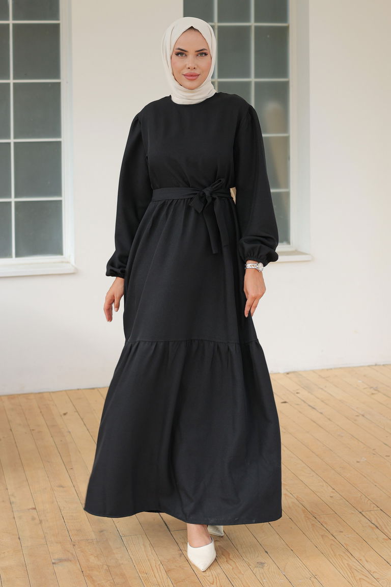 Katlı Elbise Siyah - 26624 - TOFİSA