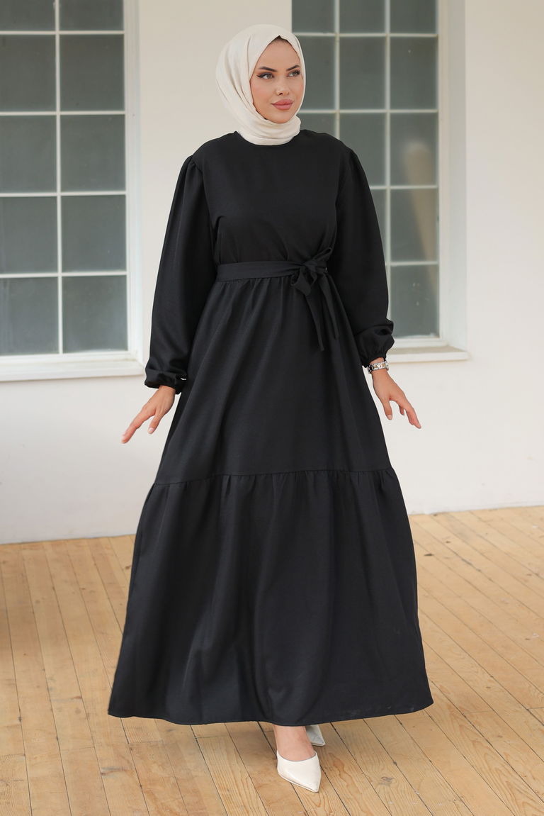 Katlı Elbise Siyah - 26624 - TOFİSA