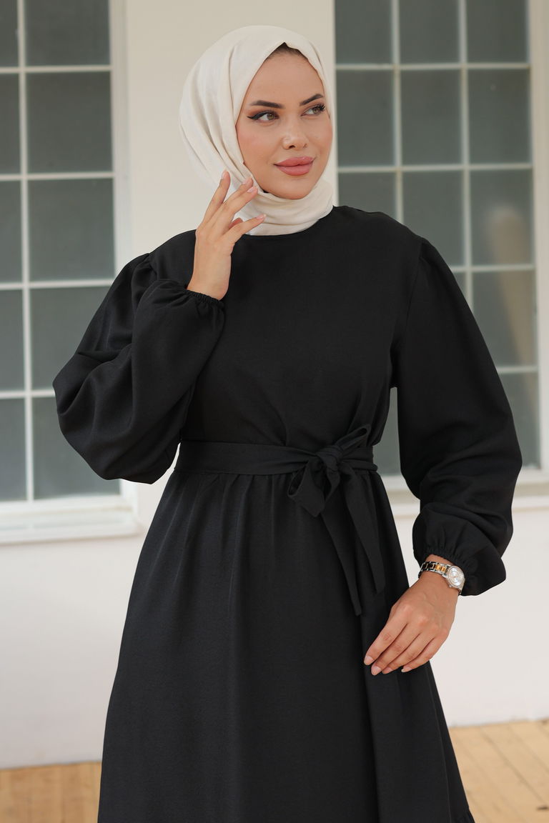 Katlı Elbise Siyah - 26624 - TOFİSA