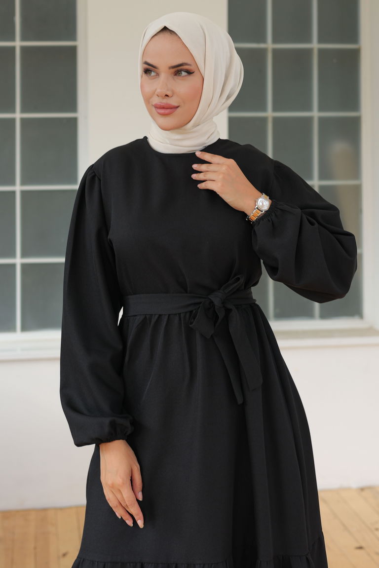 Katlı Elbise Siyah - 26624 - TOFİSA