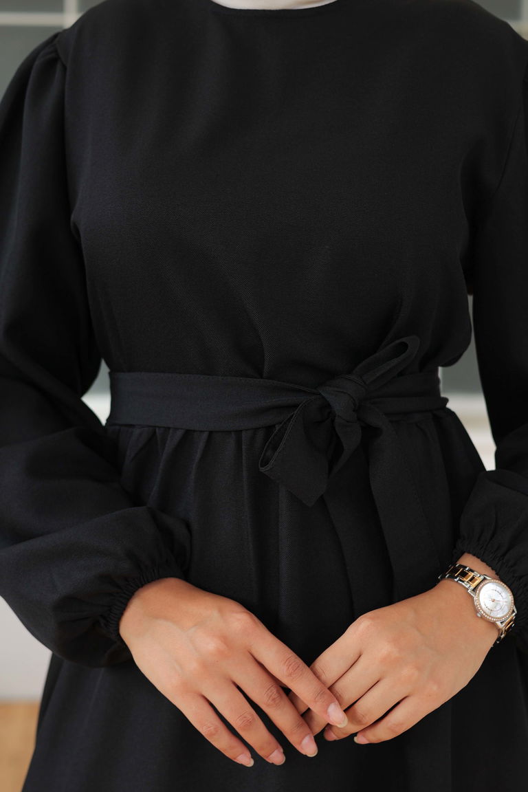 Katlı Elbise Siyah - 26624 - TOFİSA