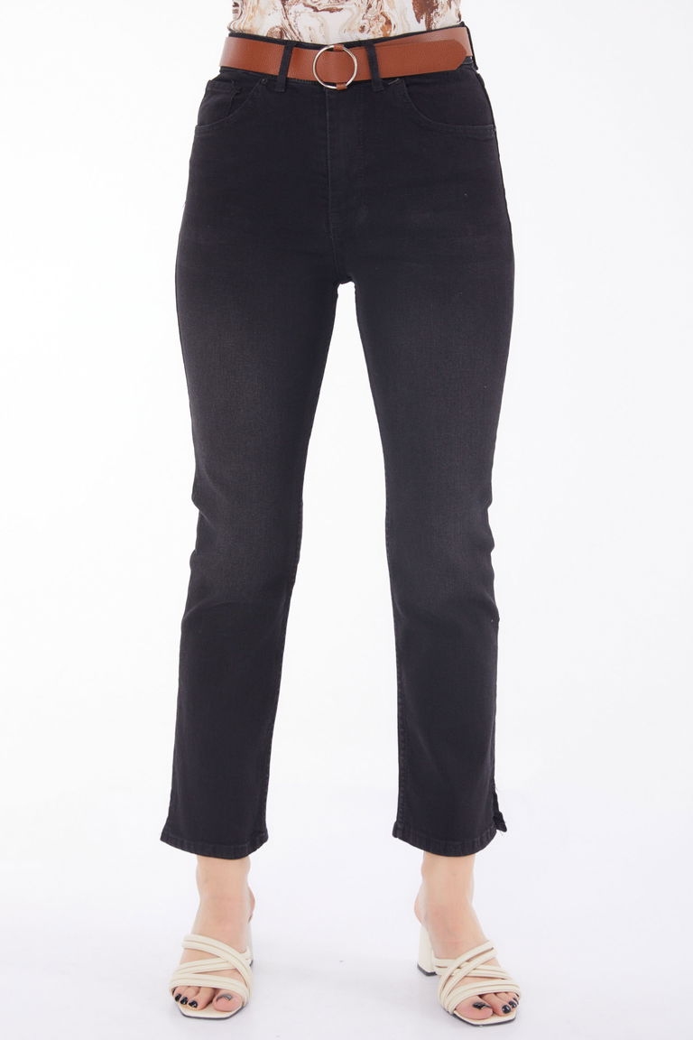 Düz Orta Kadın Siyah Kemerli Kot Pantolon - 25741 - TOFİSA