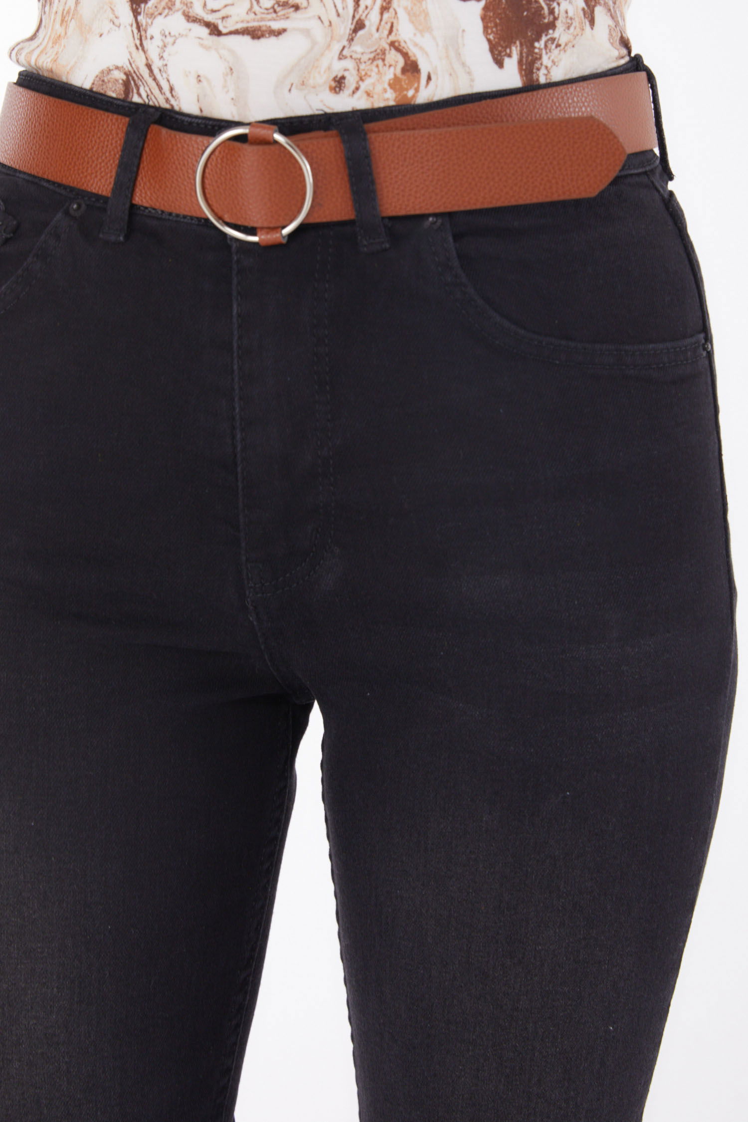 Düz Orta Kadın Siyah Kemerli Kot Pantolon - 25741 - 5