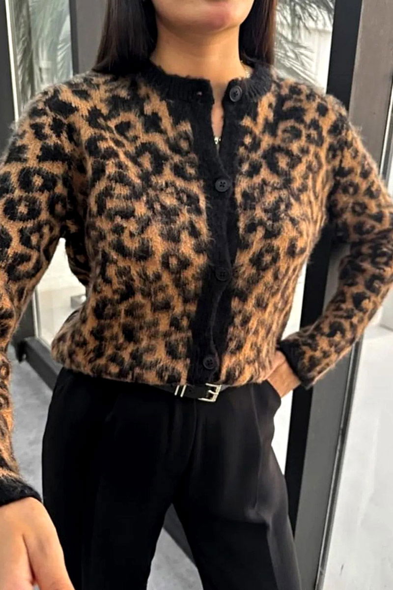 Kadın Yünlü Leopar Desenli Crop Triko Hırka Siyah - 26680 - 1