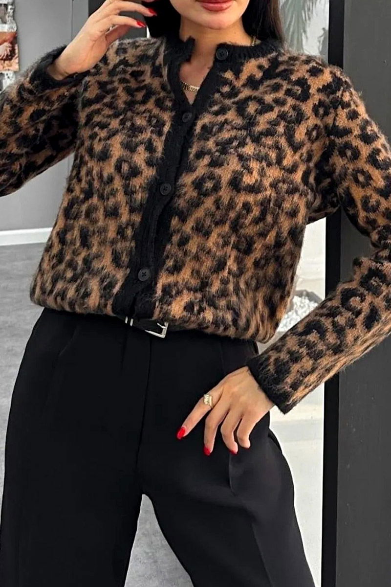 Kadın Yünlü Leopar Desenli Crop Triko Hırka Siyah - 26680 - 2