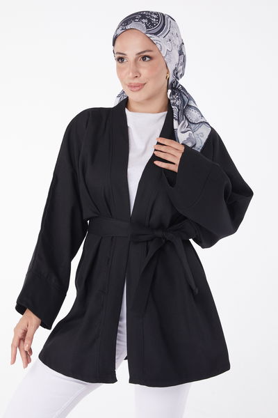 Düz Orta Kadın Siyah Kuşaklı Kimono - 26129 