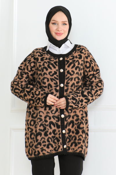 Kadın Leopar Desenli Düğmeli Yünlü Triko Hırka Siyah - 26609 