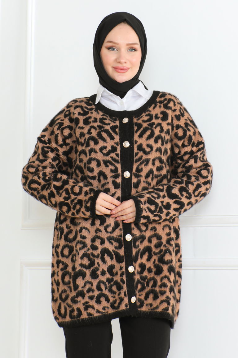 Kadın Leopar Desenli Düğmeli Yünlü Triko Hırka Siyah - 26609 - TOFİSA