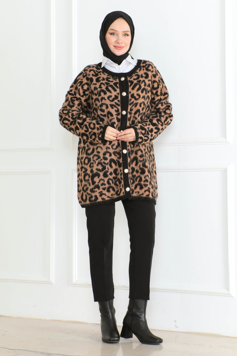 Kadın Leopar Desenli Düğmeli Yünlü Triko Hırka Siyah - 26609 - TOFİSA