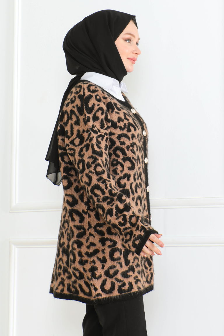 Kadın Leopar Desenli Düğmeli Yünlü Triko Hırka Siyah - 26609 - TOFİSA