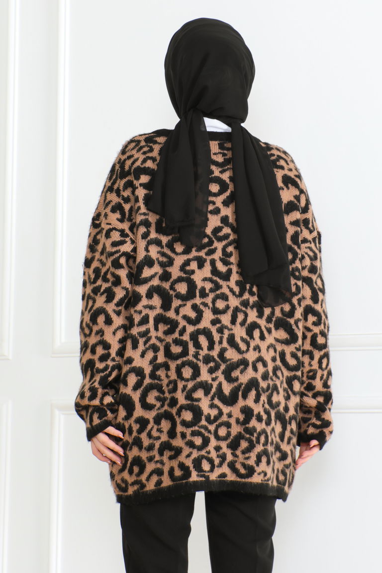 Kadın Leopar Desenli Düğmeli Yünlü Triko Hırka Siyah - 26609 - TOFİSA