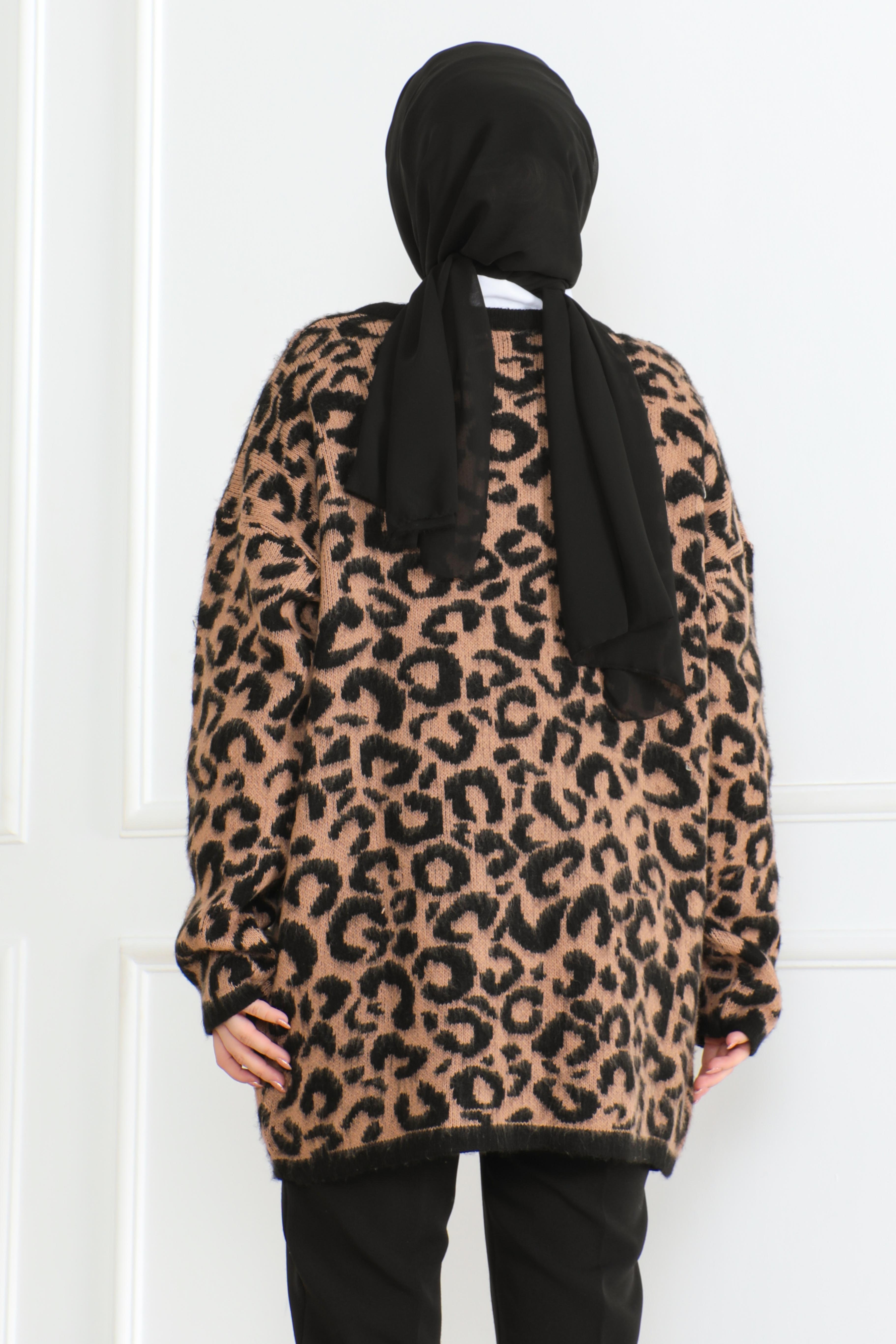 Kadın Leopar Desenli Düğmeli Yünlü Triko Hırka Siyah - 26609 - 6
