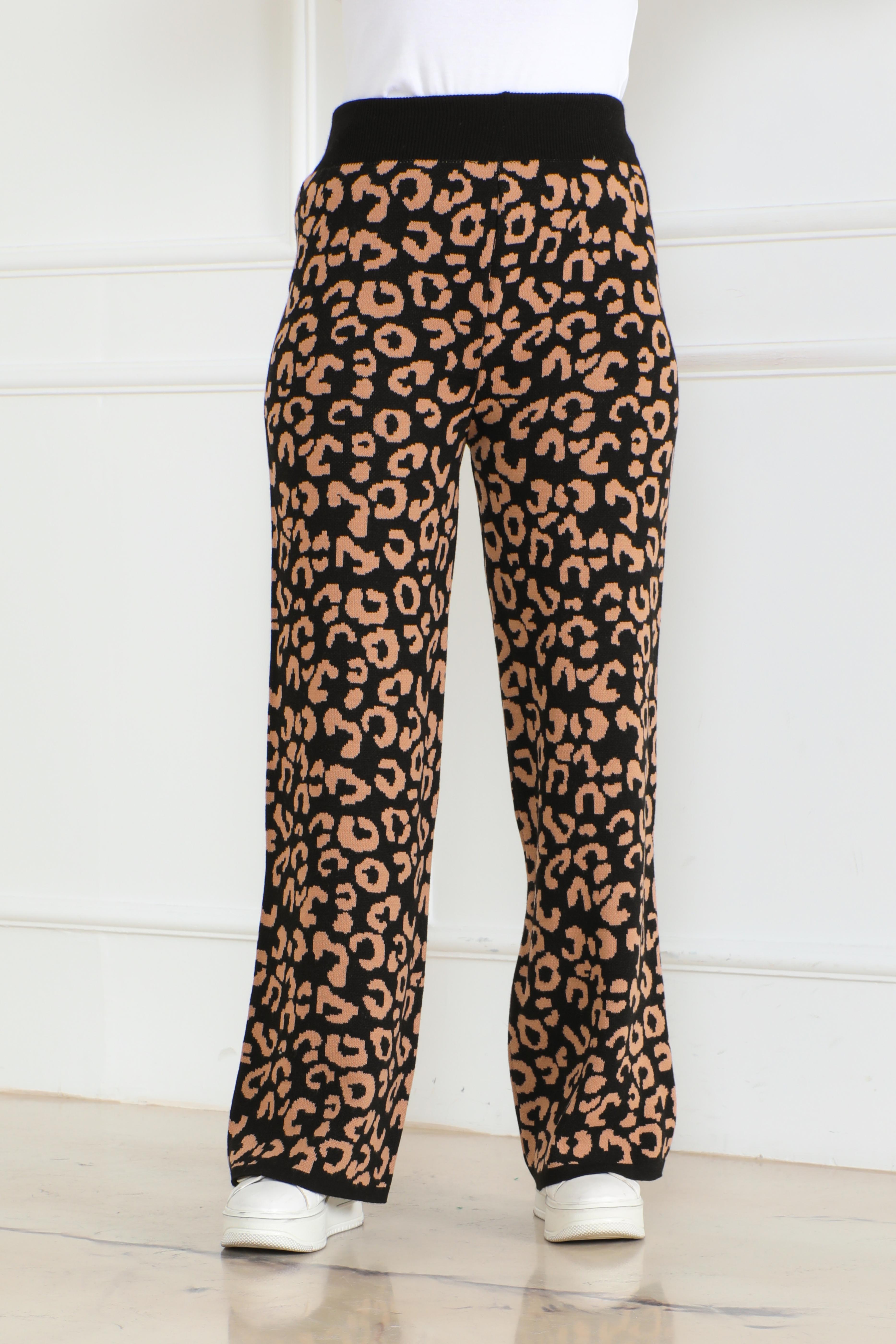 Düz Orta Kadın Siyah Leopar Triko Pantolon - 26610 - 1