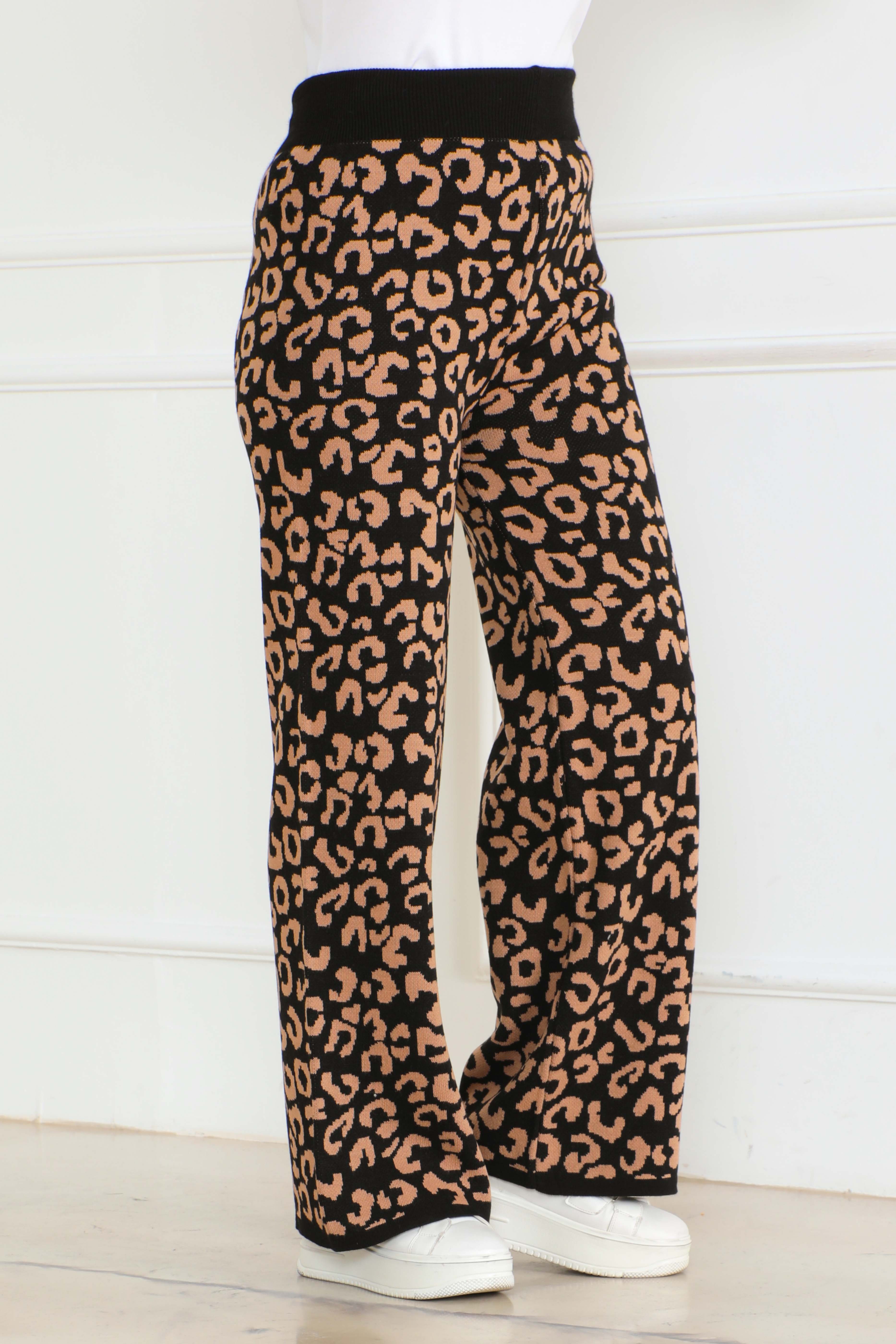 Düz Orta Kadın Siyah Leopar Triko Pantolon - 26610 - 2