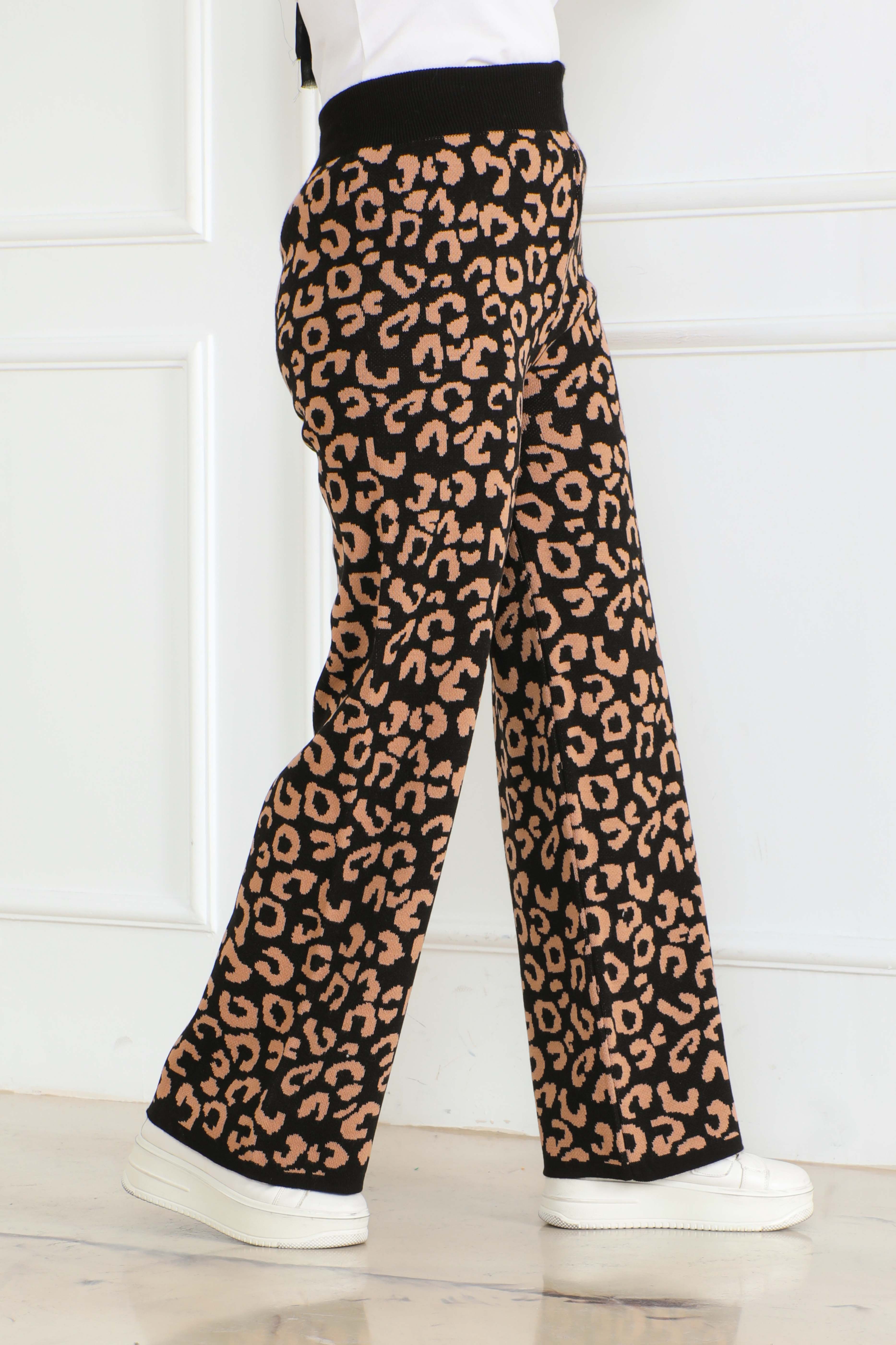 Düz Orta Kadın Siyah Leopar Triko Pantolon - 26610 - 3