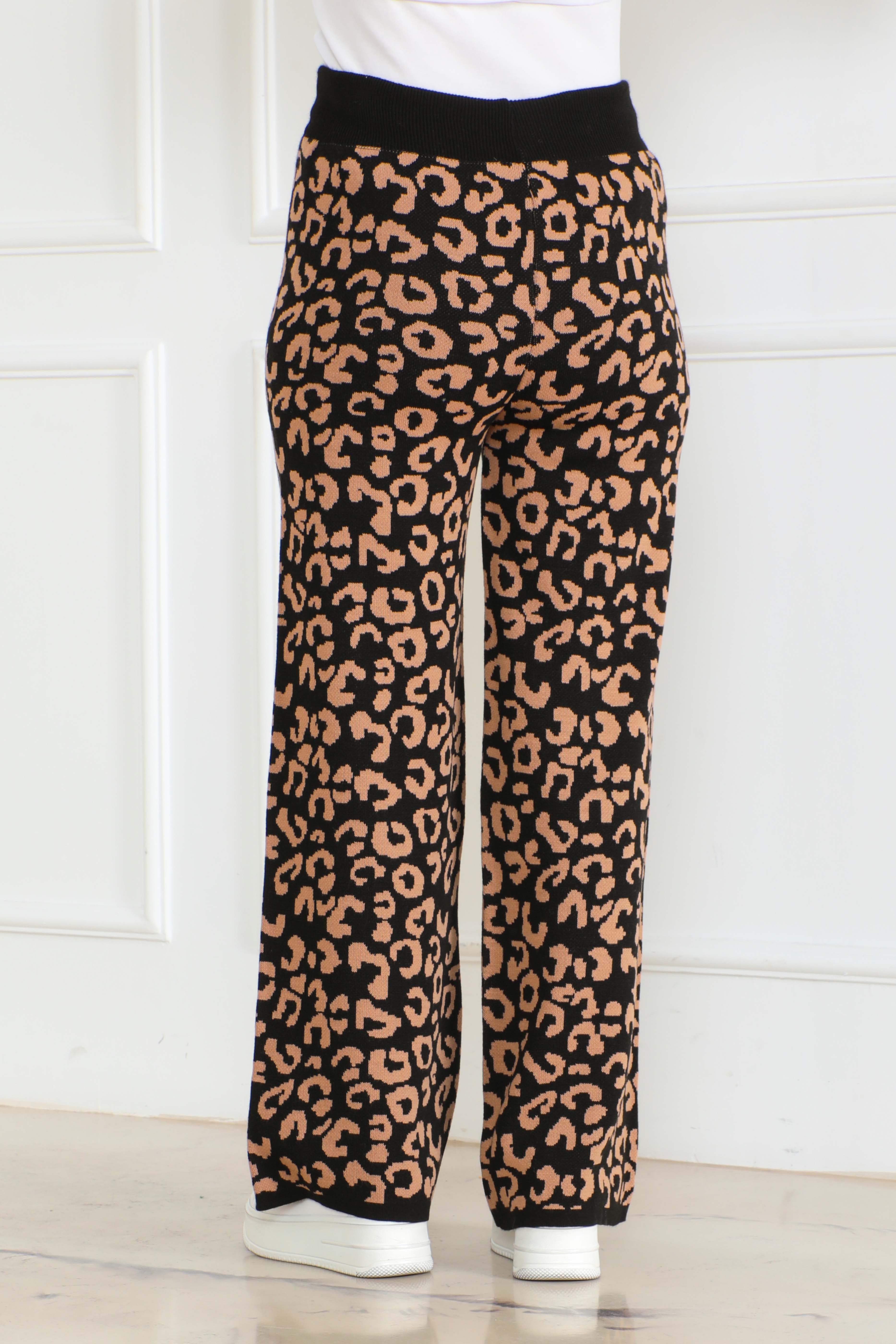 Düz Orta Kadın Siyah Leopar Triko Pantolon - 26610 - 4