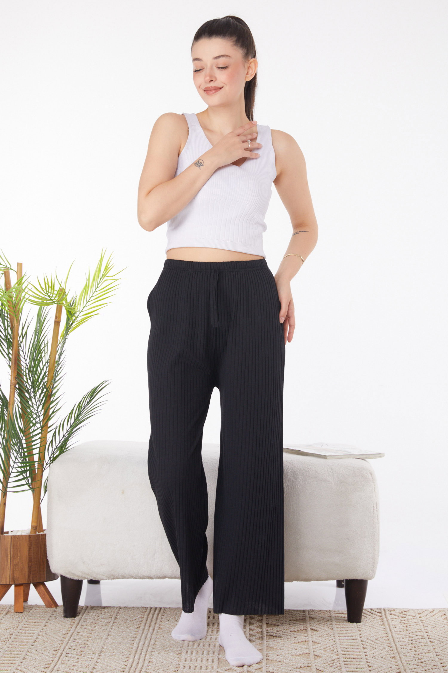 Düz Orta Kadın Siyah Pijama Altı - 25855 - 1