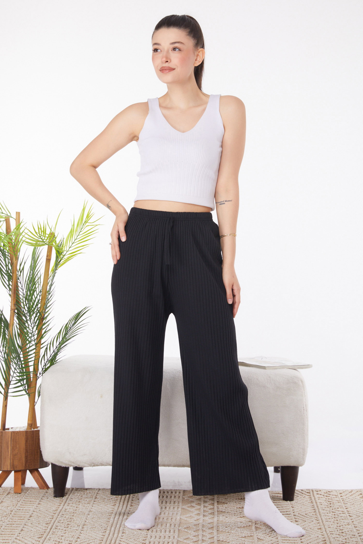 Düz Orta Kadın Siyah Pijama Altı - 25855 - 2