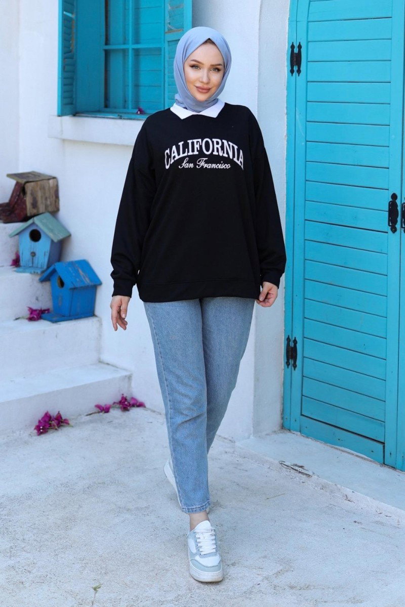 Düz Orta Kadın Siyah Polo Yaka Sweat - 26584 - 2
