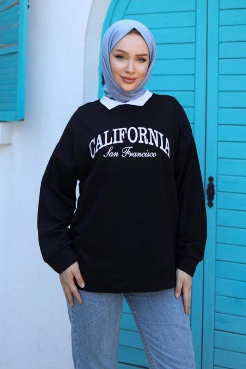 Düz Orta Kadın Siyah Polo Yaka Sweat - 26584 - 1