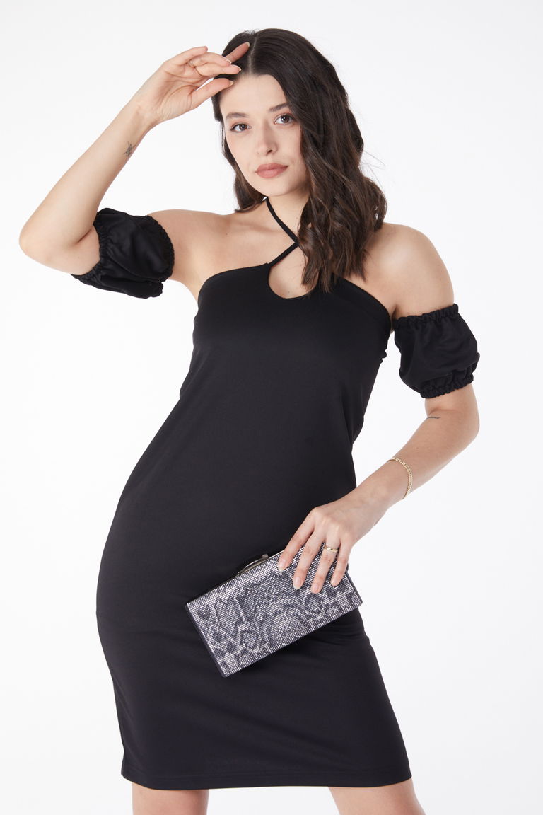 Düz Orta Kadın Siyah Prenses Kol Abiye Elbise - 13189 - TOFİSA