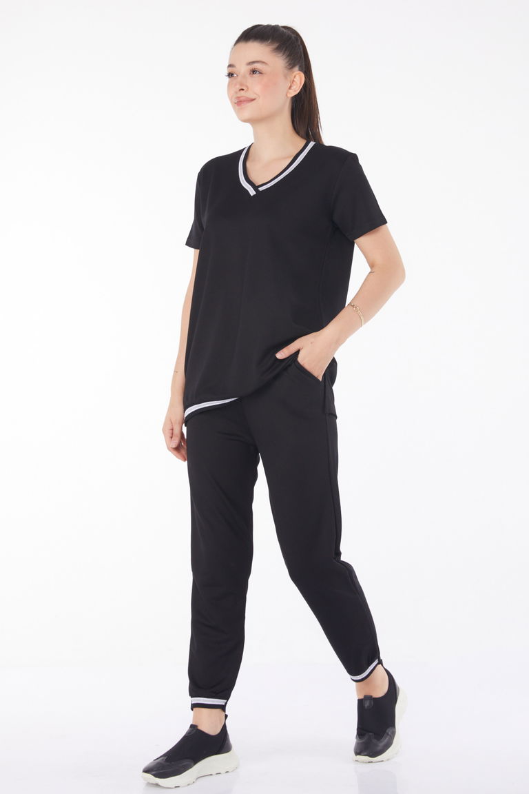 Düz Orta Kadın Siyah Sim Detaylı İkili Takım - 25797 - TOFİSA