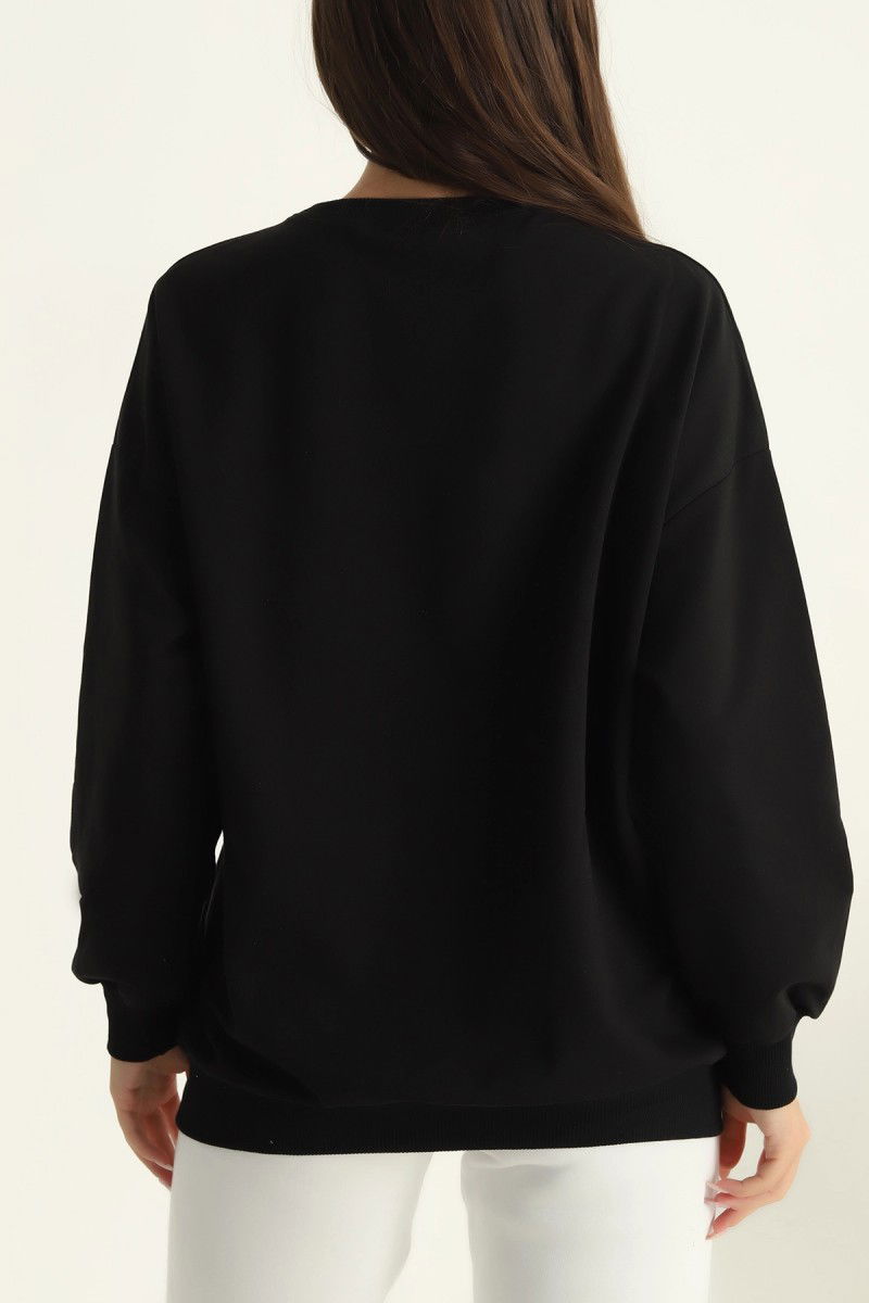 Düz Orta Kadın Siyah Sweatshirt - 26567 - 2