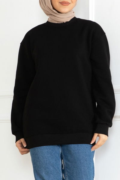 Kadın Bisiklet Yaka Salak Sweatshirt Siyah - 26617 